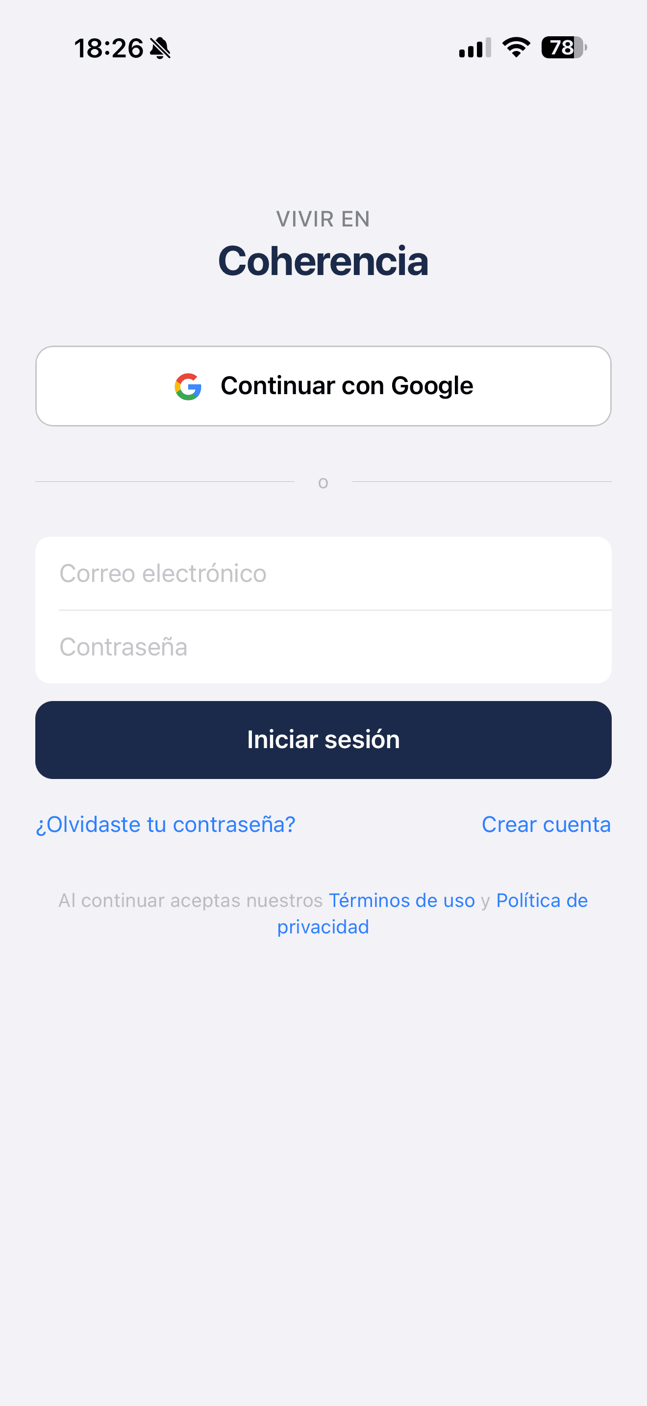App Vivir en Coherencia – pantalla de inicio con login con Google y email