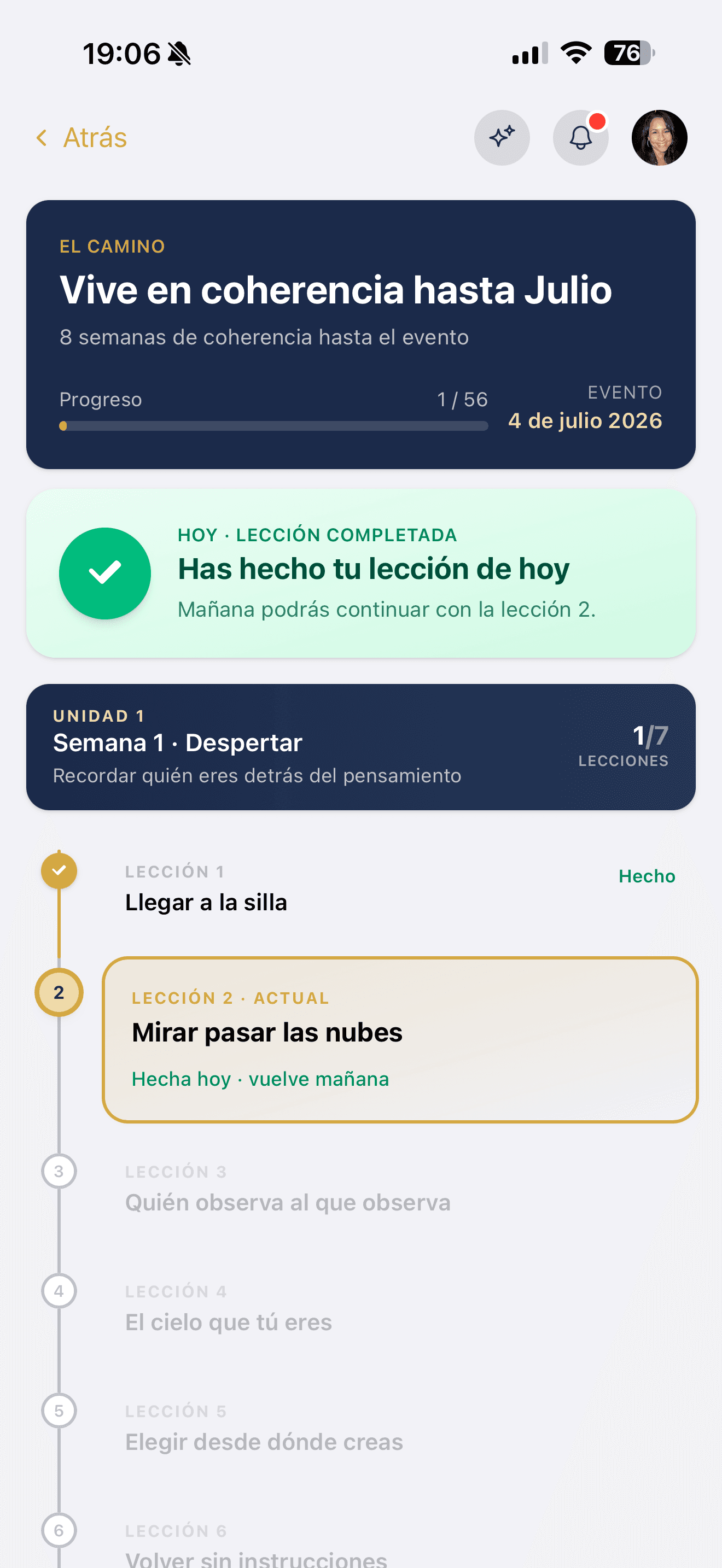 App Vivir en Coherencia – plan de estudio diario «Vive en coherencia hasta julio»